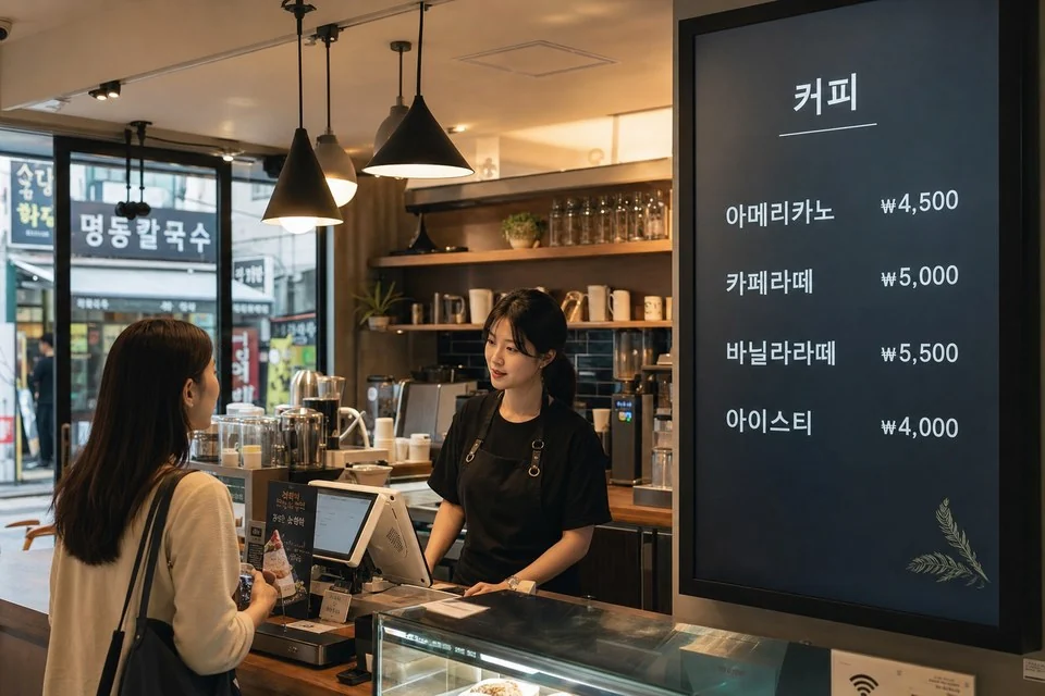 카페 카운터에 설치된 디지털 메뉴보드로 주문을 안내하는 매장 화면